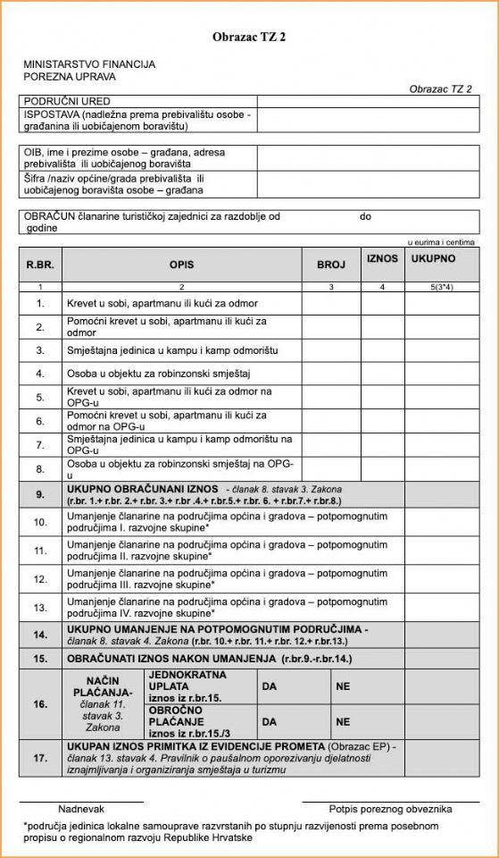 Obavijest i uputa za popunjavanje obrazaca TZ2 za 2024. godinu